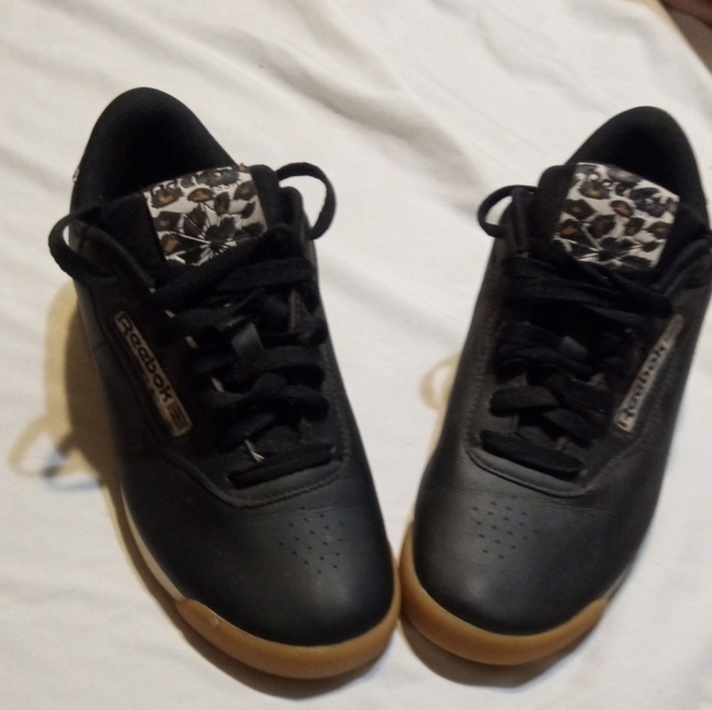 Reebok Black and Tan Sneakers with Animal Print